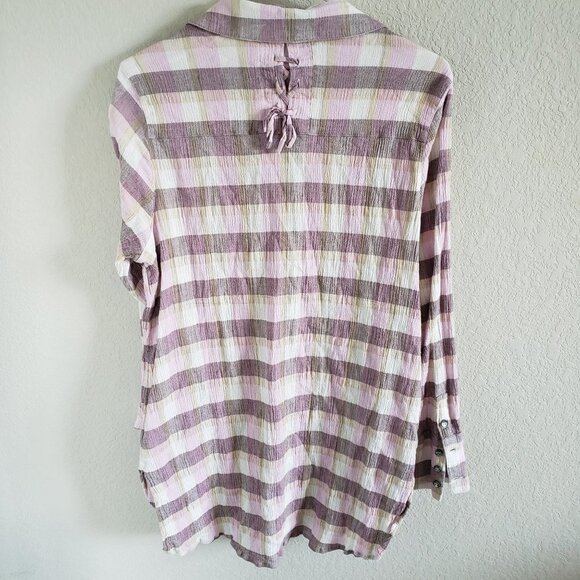 Soft Surroundings Woman Size XL Shirt Gauzy 100% Cotton  Pink Plaid Button Up - Picture 2 of 9